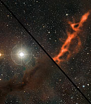 Interaktiv jämförelsebild av ett stjärnbildande stoftstråk i Oxen i millimetervågor och synligt ljus