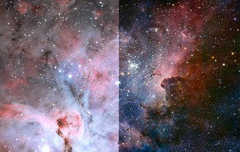 Comparaison infrarouge/lumière visible de la nébuleuse de la Carène 