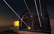 Impressão artística do European Extremely Large Telescope usando lasers para a óptica adaptativa