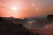 Impressão artística do pôr do Sol em Gliese 667 Cc, um mundo do tipo super-Terra