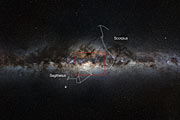 Vista de campo largo da Via Láctea, mostrando o tamanho da nova imagem VISTA