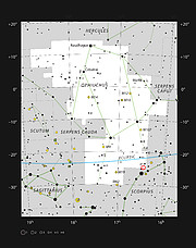 Positionen för den bruna dvärgen ISO-Oph 102 i stjärnbilden Ormbäraren