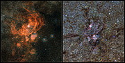 Jämförelse mellan VISTA:s bild av NGC 6357 med en bild tagen i synligt ljus
