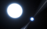Vue d'artiste du pulsar PSR J0348+0432 et de sa compagne naine blanche