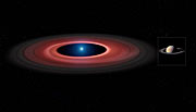 Představa zářícího disku hmoty kolem bílého trpaslíka SDSS J1228+1040 v porovnání s planetou Saturn