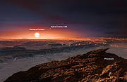 Künstlerische Darstellung des um Proxima Centauri kreisenden Planeten (beschriftet)