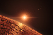 Impressão artística da vista de um planeta intermédio no sistema planetário TRAPPIST-1