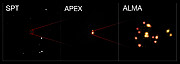 Beelden van een protocluster van sterrenstelsels, gemaakt met SPT, APEX en ALMA