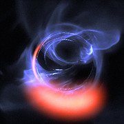Simulatie van materiaal dat op geringe afstand om een zwart gat cirkelt
