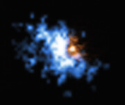 Plynné halo na záběru pořízeném pomocí MUSE obklopující interagující galaxie zachycené radioteleskopem ALMA