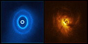 Imágenes de GW Orionis obtenidas por ALMA y SPHERE (una junto a la otra)