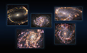 Fem galakser observeret med MUSE på ESOs VLT i forskellige bølgelængder