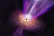 Taiteilijan näkemys M87 galaksin mustasta aukosta ja sen voimakkaasta suihkusta