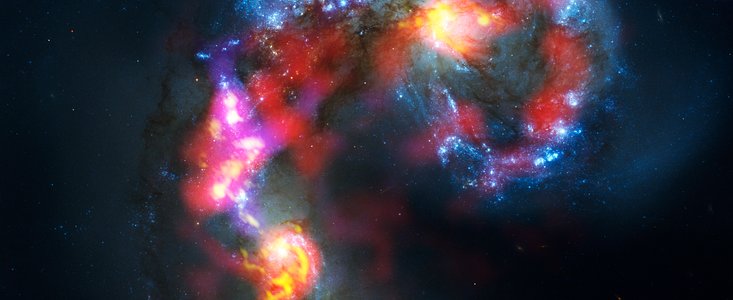 Imagem das galáxias Antena, composta a partir de observações ALMA e Hubble