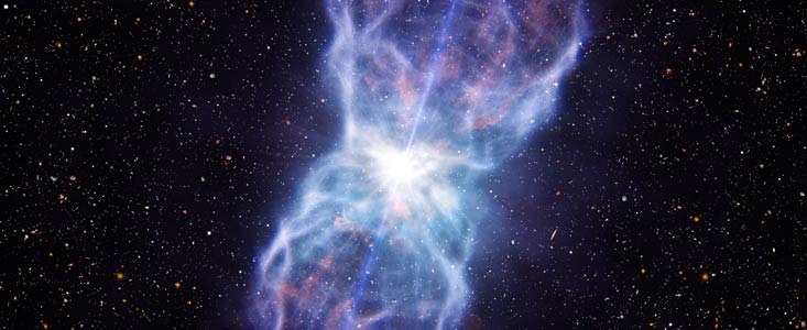 Impressão artística de um enorme jato de matéria ejetado pelo quasar SDSS J1106+1939