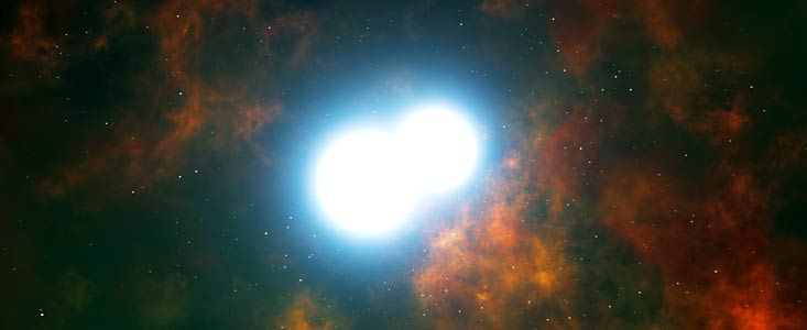 Představa dvojice bílých trpaslíků před splynutím a explozí supernovy typu Ia