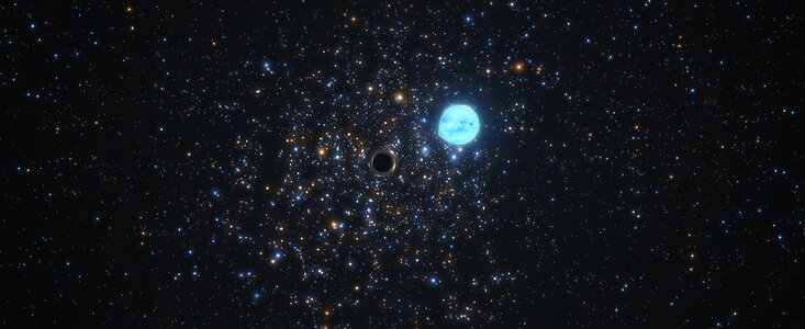 Reproducción artística del agujero negro detectado en NGC 1850 deformando a su estrella compañera