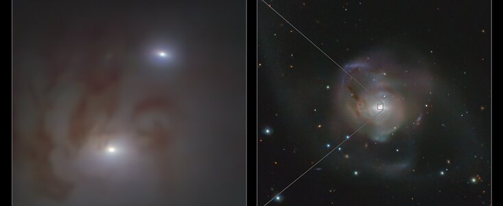 Detailní a širokoúhlý pohled na galaxii NGC 7727 ukrývající nejbližší pár superhmotných černých děr