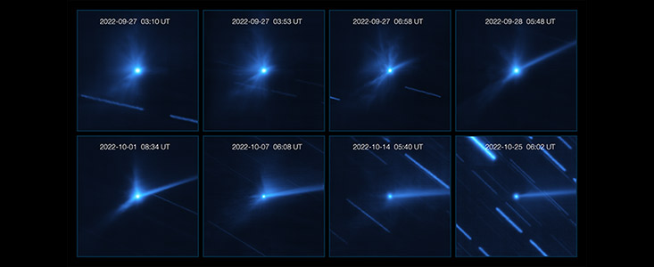 This image shows a total of 16 small images in a four by four grid, each taken on a different date. At the centre of each image is a light blue fuzzy dot over a black background. In the first image the dot is surrounded by a diffuse halo, which morphs into different structures before eventually becoming a long tail pointing towards the right in the last image.