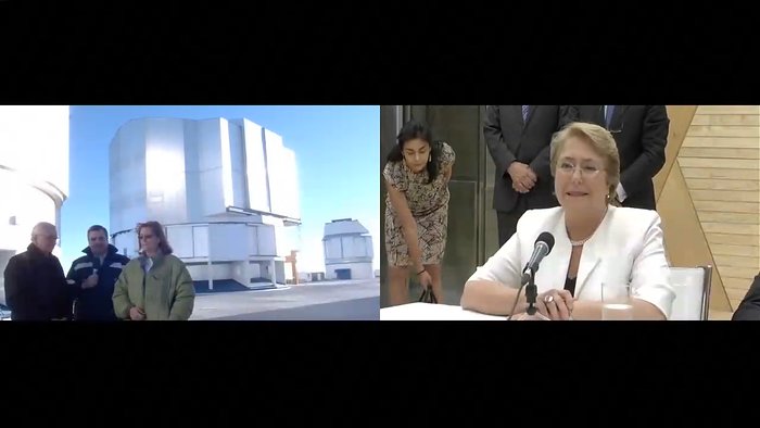 Captura de ecrã da vídeo conferência realizada na Expo Milano 2015 entre a Presidente do Chile Michelle Bachelet e o Observatório do Paranal