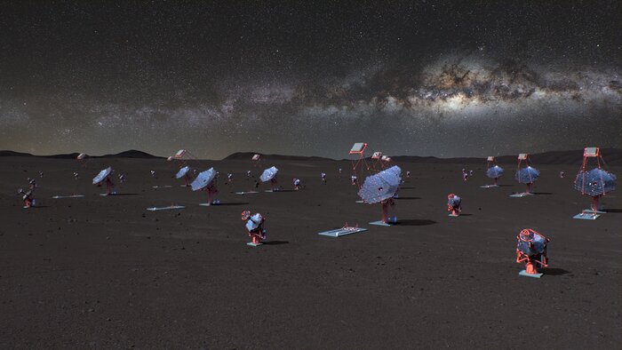 An artist’s rendition of the CTAO-South telescope array at ESO’s Paranal Observatory in the Chilean Atacama Desert. Tens of gamma-ray telescopes — shiny, parabolic dishes of different sizes — sit on a brown plain in the foreground. Faint mountaintops can be seen in the distance. The Milky Way stretches across the night sky in the top third of the image, with the glow of stars intermingling with the shrouds of cosmic dust.