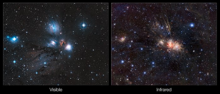 Infrared/visible light comparison of views of a stellar nursery in Monoceros