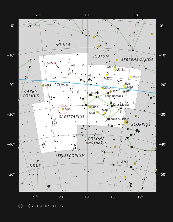 De bolvormige sterrenhoop Messier 55 in het sterrenbeeld Boogschutter