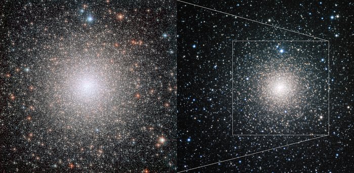 NGC 6388 vom Erdboden und vom Weltraum aus 
