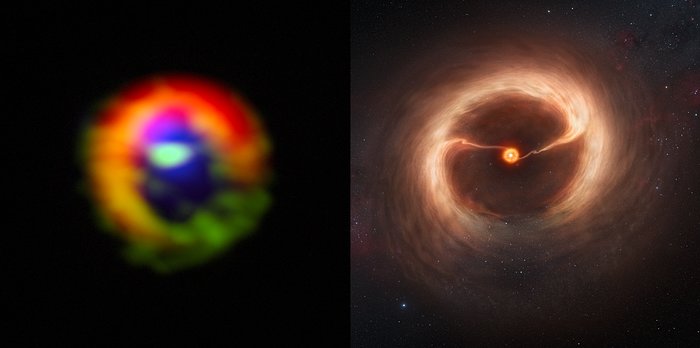 Side-by-side comparison of ALMA observations and artist’s impression of the disc and gas streams around HD 142527