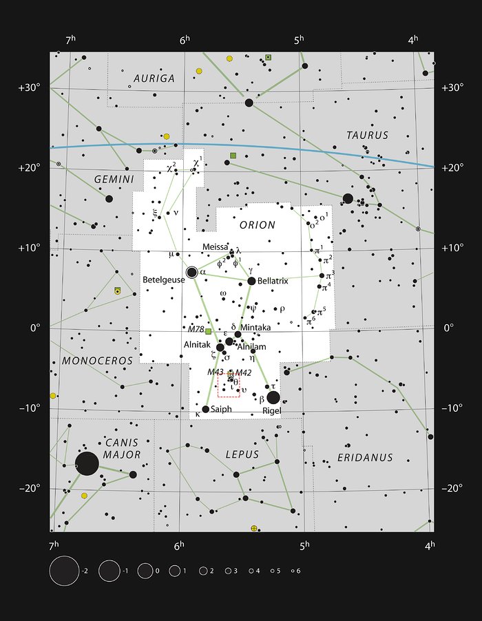 A constelação de Orion onde se assinala a região mostrada na nova imagem APEX