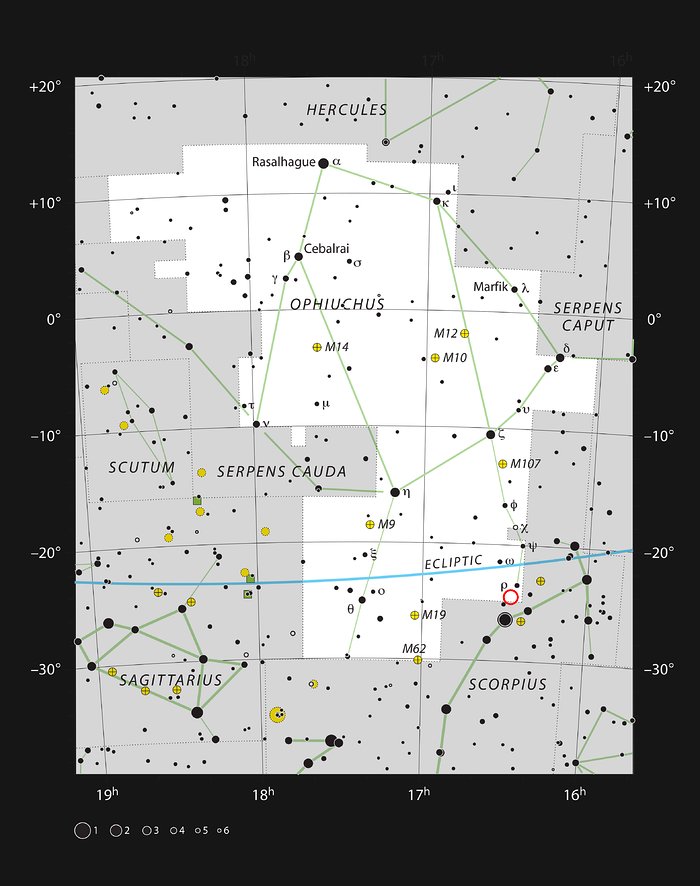Beliggenheden af systemet Oph-IRS 48 i stjernebilledet Ophiuchus