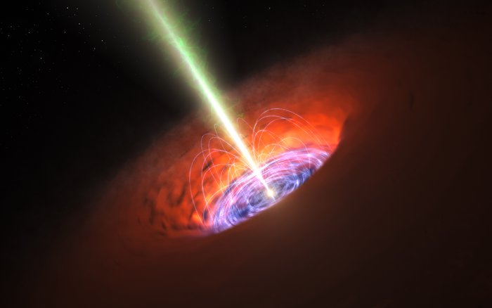 Artist’s impression van een superzwaar zwart gat in het centrum van een sterrenstelsel