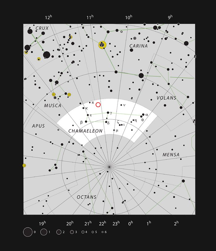 De positie van reflectienevel IC 2631 in het sterrenbeeld Kameleon