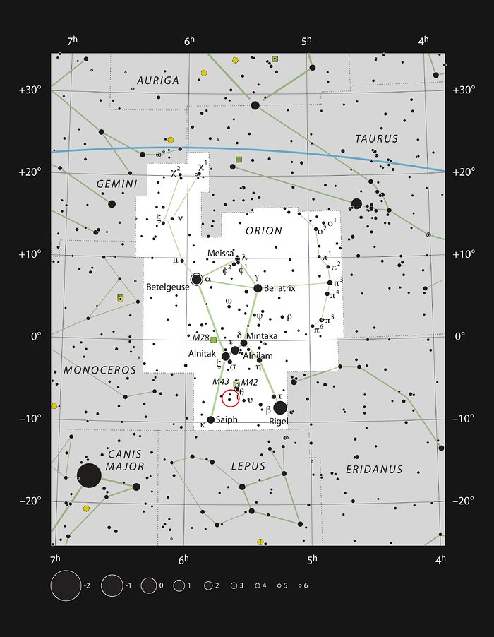 Stjernen V883 Orionis i stjernebilledet Orion