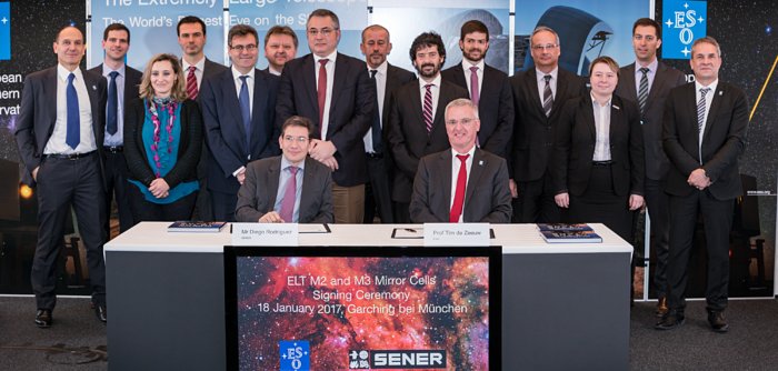 Slavnostní podpis kontraktů na dodávku podpůrných systému zrcadel M2 a M3 pro dalekohled ELT