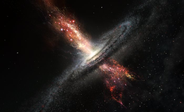 Představa hvězd rodících se v hmotě proudící od superhmotné černé díry