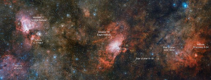 Le VST capture trois nébuleuses spectaculaires en une seule et même image (annotée)