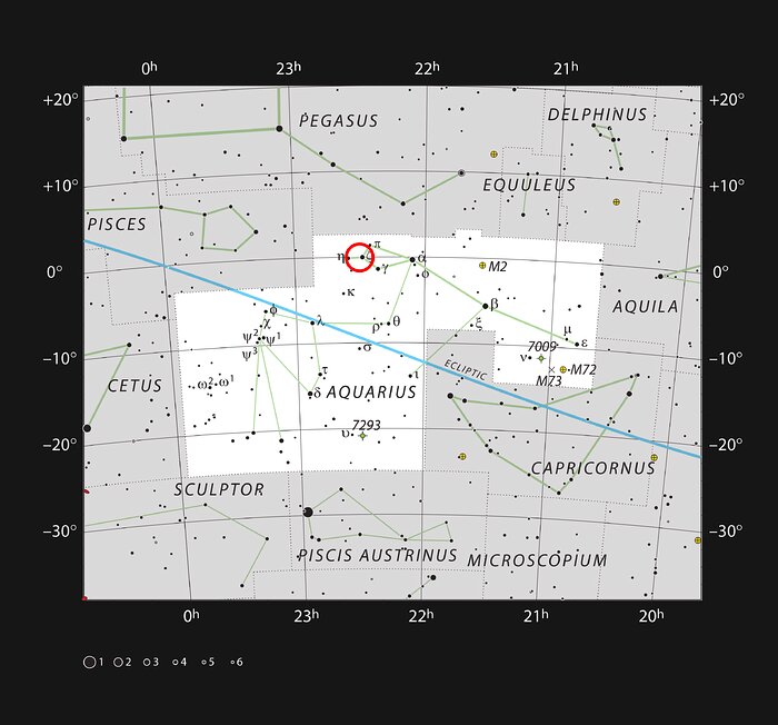 Positie van het Kinman-dwergstelsel in het sterrenbeeld Waterman (Aquarius)
