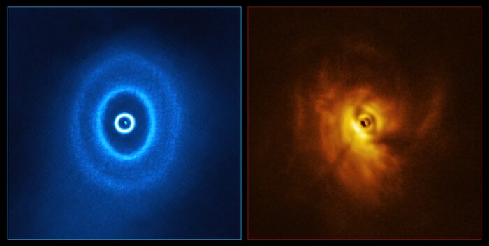 Imágenes de GW Orionis obtenidas por ALMA y SPHERE (una junto a la otra)