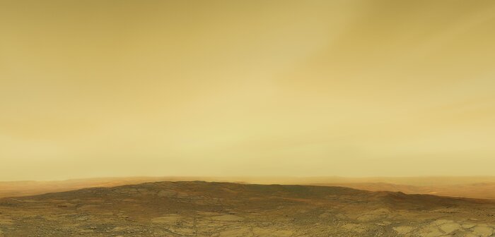 Künstlerische Darstellung der Oberfläche und der Atmosphäre der Venus (ohne Beschriftung)