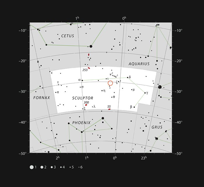 Her findes exoplanetsystemet TOI-178 i stjernebilledet Sculptor