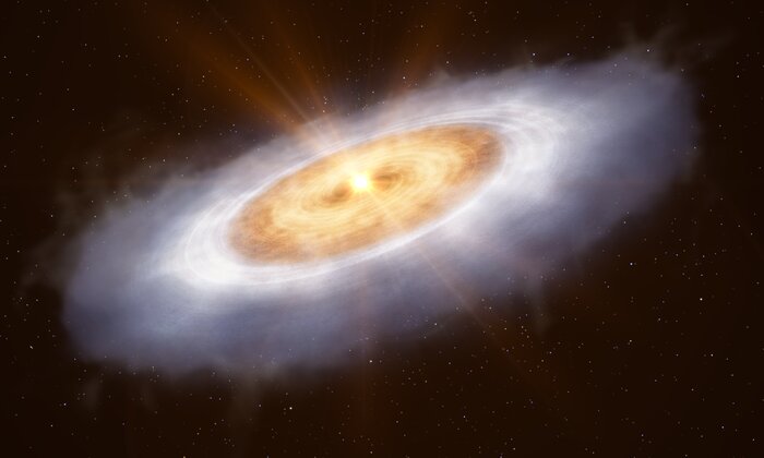 Protoplanetární disk kolem hvězdy V883 Orionis (ilustrace)