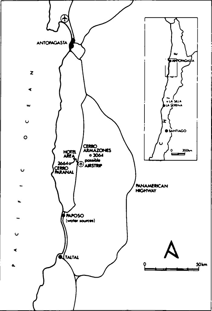 Una mappa del Cile settentrionale, con indicata la posizione di Cerro Paranal