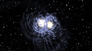 En grafisk fremstilling af to galakser i kollision