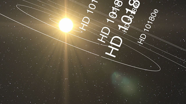 Animación del sistema planetario alrededor de la estrella HD 10180 similar al Sol (impresión artística)
