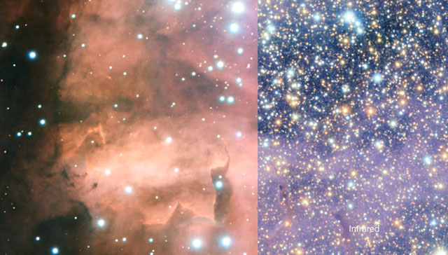 Comparaison entre l'image de NGC 6357 prise par VISTA et un cliché pris dans le domaine visible