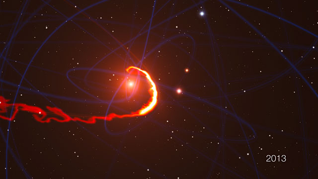 Simulação da nuvem de gás a ser despedaçada pelo buraco negro situado no centro da Via Láctea