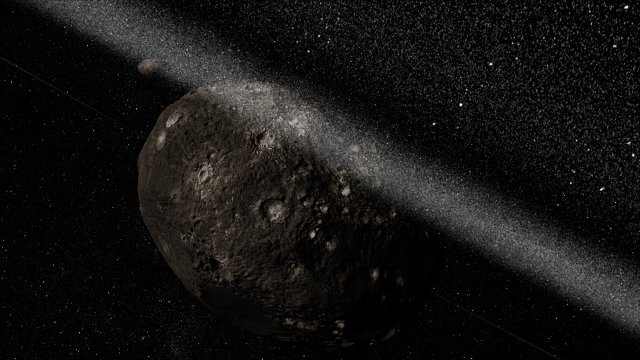 Artist’s impression van het ringenstelsel rond planetoïde Chariklo