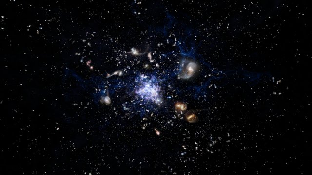 Konstnärlig gestaltning av en galaxhop som bildas i det tidiga universum