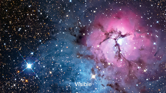 Fondu vidéo permettant de comparer les clichés de la Nébuleuse du trèfle acquis dans les domaines visible et infrarouge